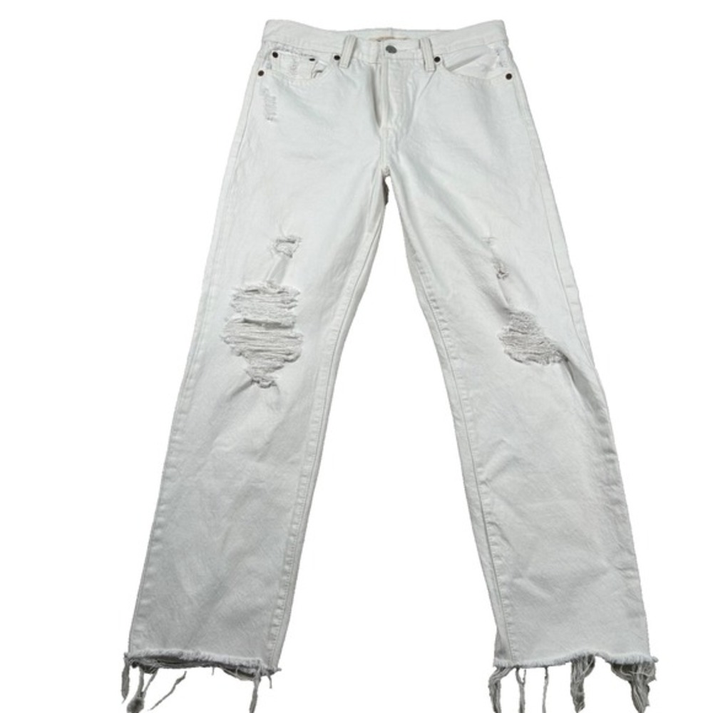 Levis Jeans Womens 29 Premium Wedgie Straight Distressed White Raw Hem